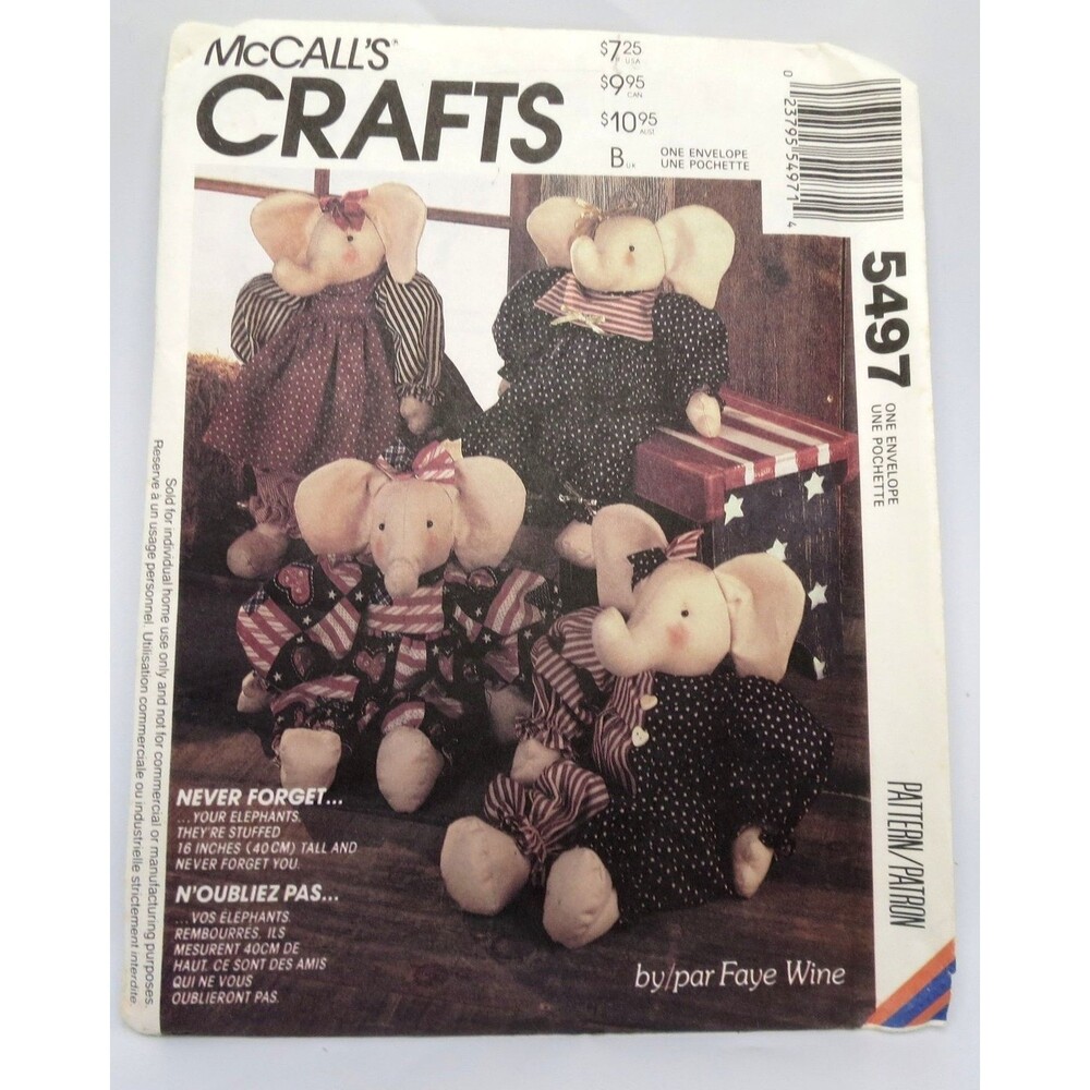 McCall's 5497 Stuffed Elephant Doll and Clothes Pattern 16 Inch Faye Wine
